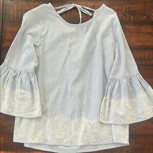 Striped Bell Sleeve Blouse with Lace Trim